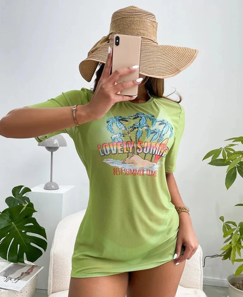 L / Light green Women's Mesh 3 Pieces Plant Print Halter Bikini 2024 Women & Cover Up Swimsuit Female Sexy Palm Swimwear Beachwear Swimming Suit