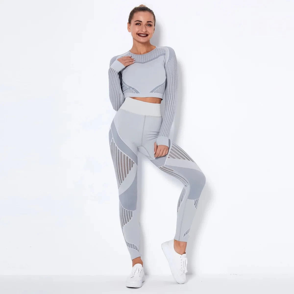 L / Light grey Wholesale Fitness Clothing Seamless Activewear Long Sleeve Crop Top Yoga Pant Leggings Sport Suit Gym Fitness Sets for Women