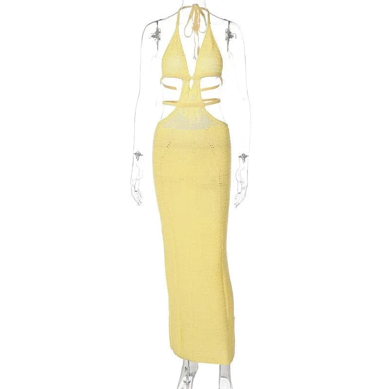 L / light yellow Hot Selling Sexy Halter Long Dress V-neck Summer Dress Club Wear for Women 2024
