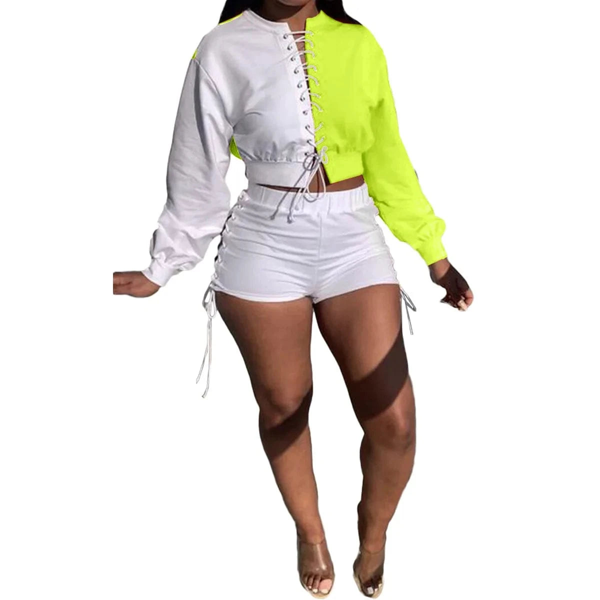 L / Lime yellow Fall Clothes for Women Short Pants Two Piece Set Women Shorts Set Loose Colorblock Tracksuit Lace Up Sweat Suit Set