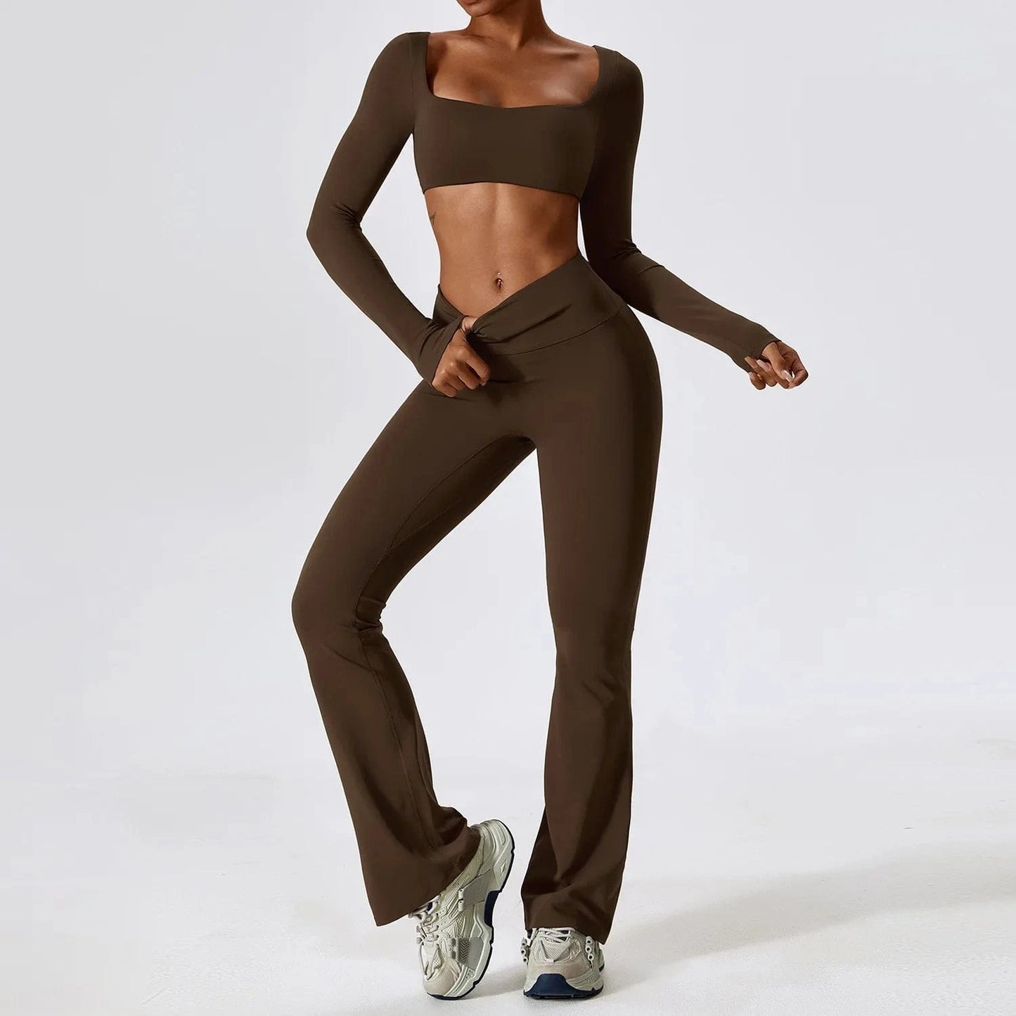L / long sleeve+pants brown 2024 Tiktok Gym Sportswear Yoga Outfits Women Set 4 pieces Sports Bra Top Yoga Jacket Women Yoga Set