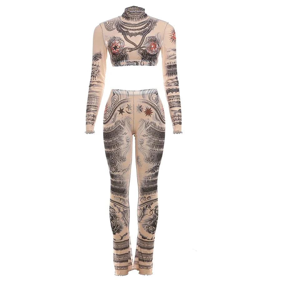 L / Nude Kliou K23S41304 Spring clothing 2 piece set women long sleeve crop tops+leggings outfit casual printed mock neck womens sets