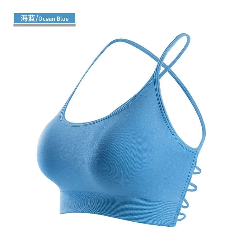 L / Ocean blue 2024 Custom Sexy Yoga Gym High Quality Seamless Cross Back Workout Backless Sports Bra For Women Fitness