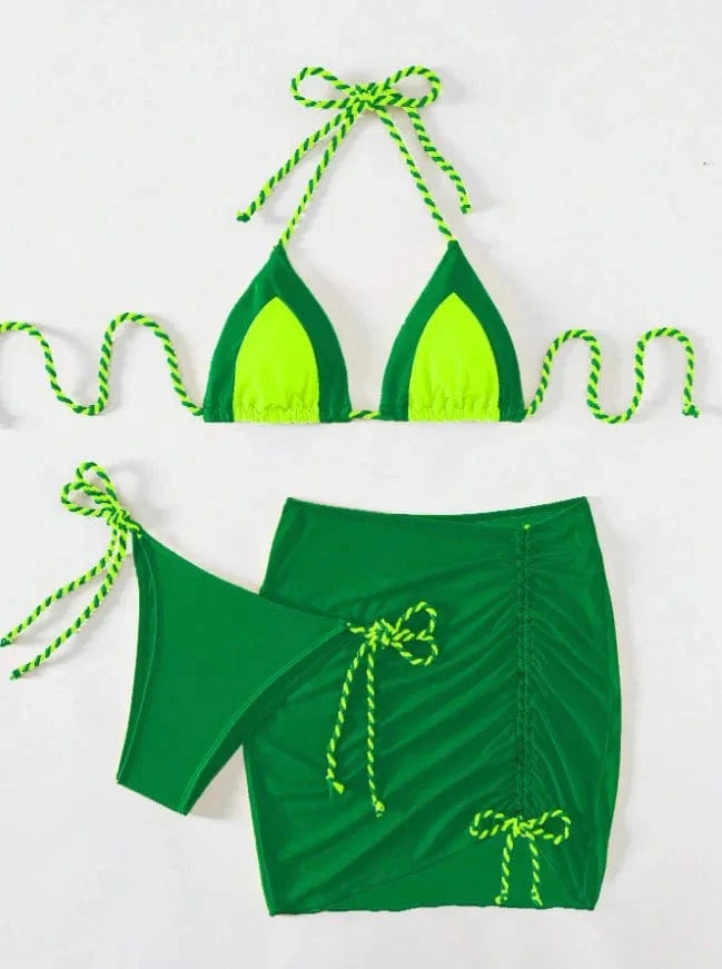 L / Ocean Green DAMOCHIC Mini Micro Bikini Modest Bathing Suit 3 Piece Swimwear Beachwear Halter Tops Beach Skirt Cover Up Swimsuit Bikini 2024
