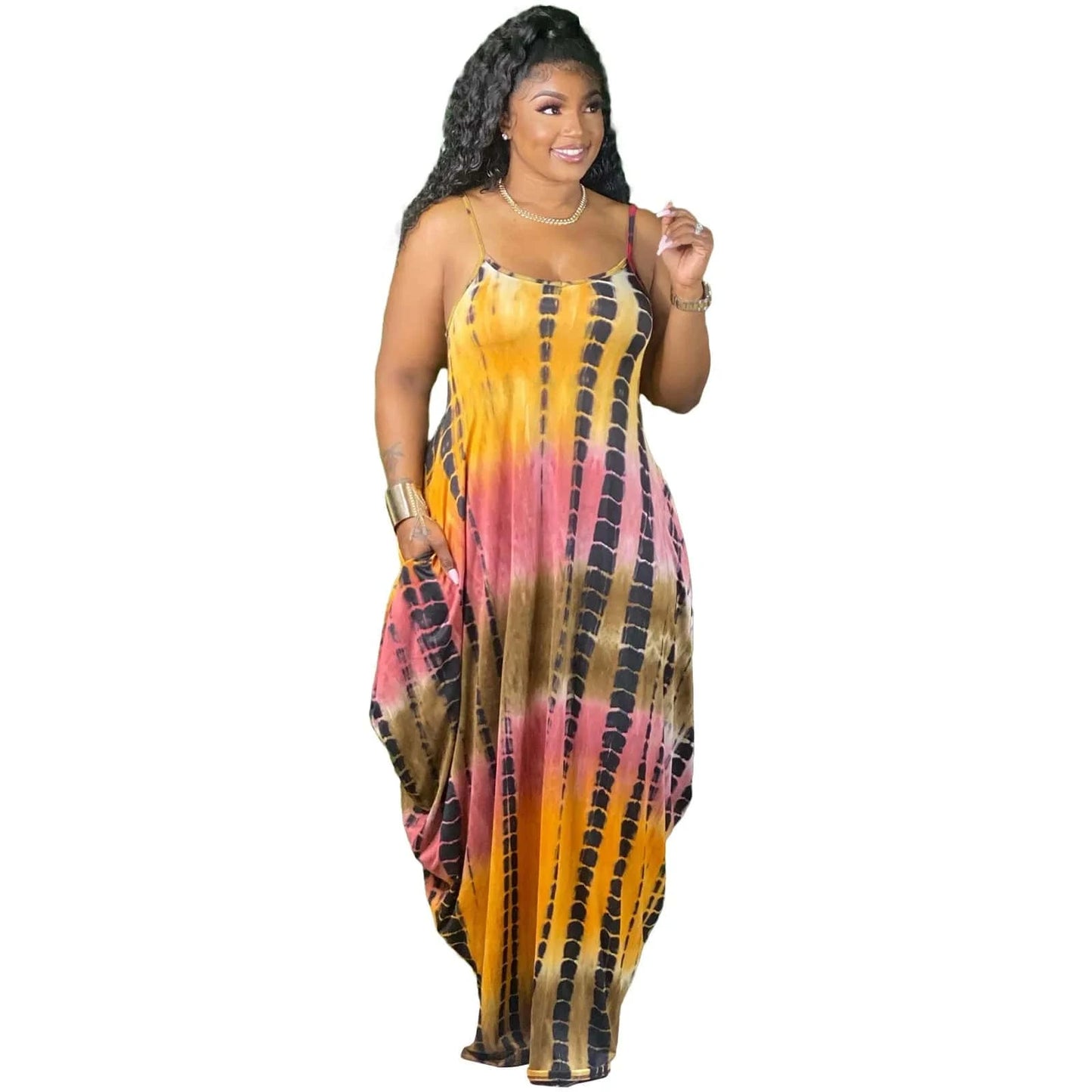 L / Orange 2024 Summer Sexy Fashionable Floral Clothes Tie-Dye Multicolored Print Halter Loose Dress Women Maxi Long Dresses