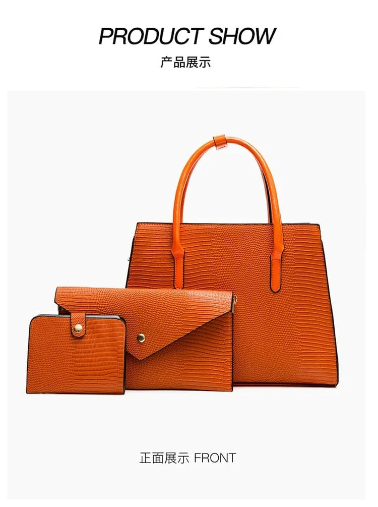 L / ORANGE ARUBBIT Brand Designer Ladies Handbags Famous 3 Piece Set Women Leather Hand Bag Bolsos 3 Piezas