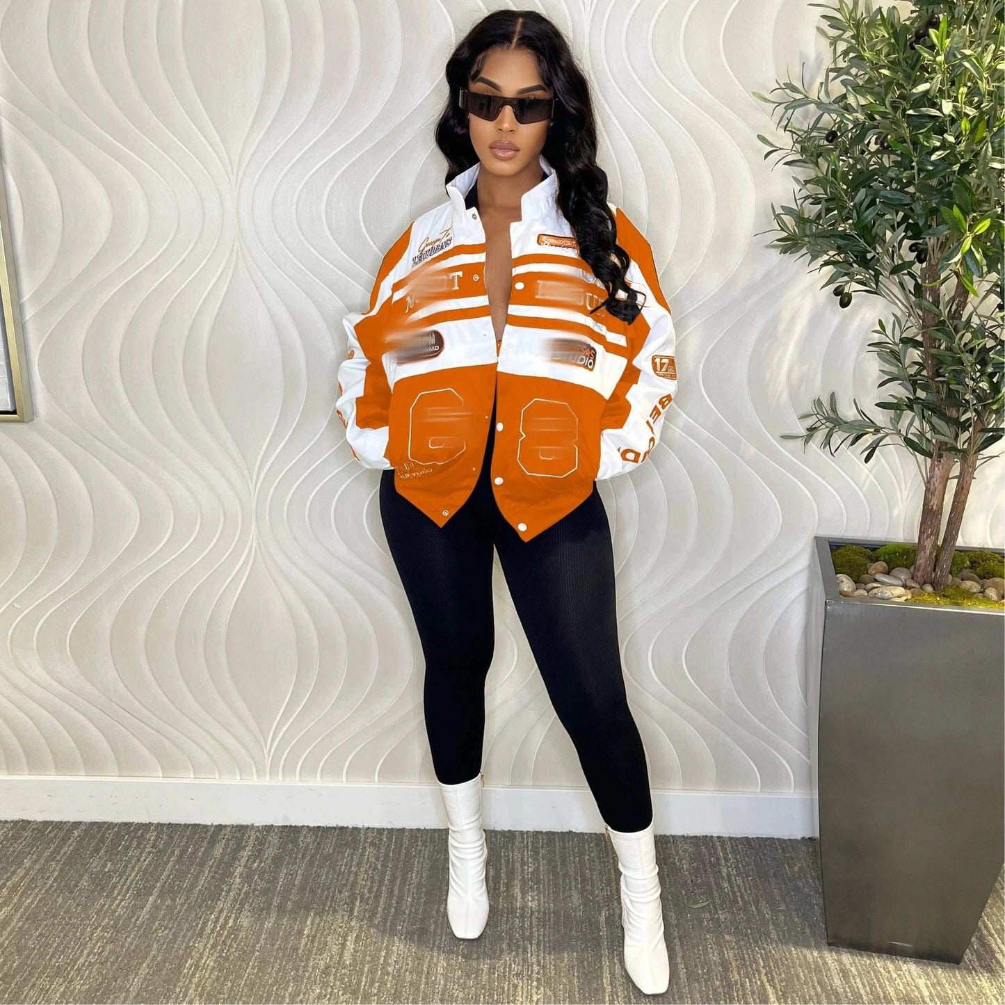 L / Orange Drop Shipping 1pcs Women Baseball Jacket Wholesale Fall 2024 Patchwork Letter Print Plus Size Long Sleeve Women Crop Top Jacket