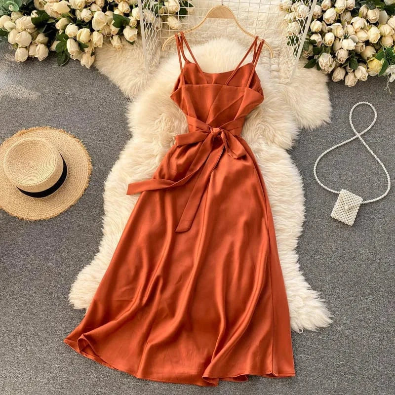 L / Orange Ladies Beach Vacation Solid Sleeveless Wrap shiny party long sexy slip elegant silk satin Maxi evening Casual Dress for Women