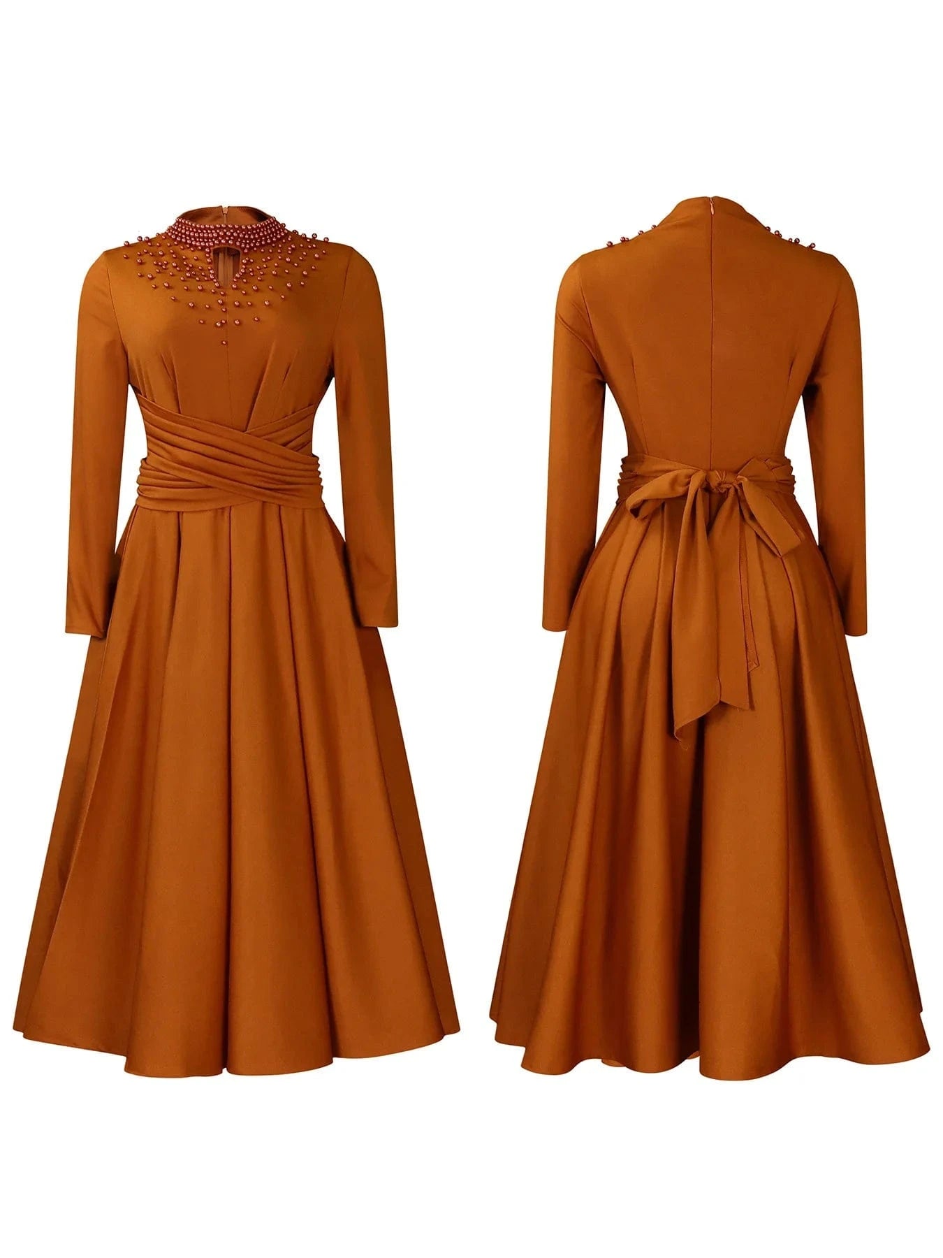 L / Orange New Arrival Solid Color Clothing fall Wholesale bridal pearl beaded swing Long Sleeve Plus Size evening african Women Dresses