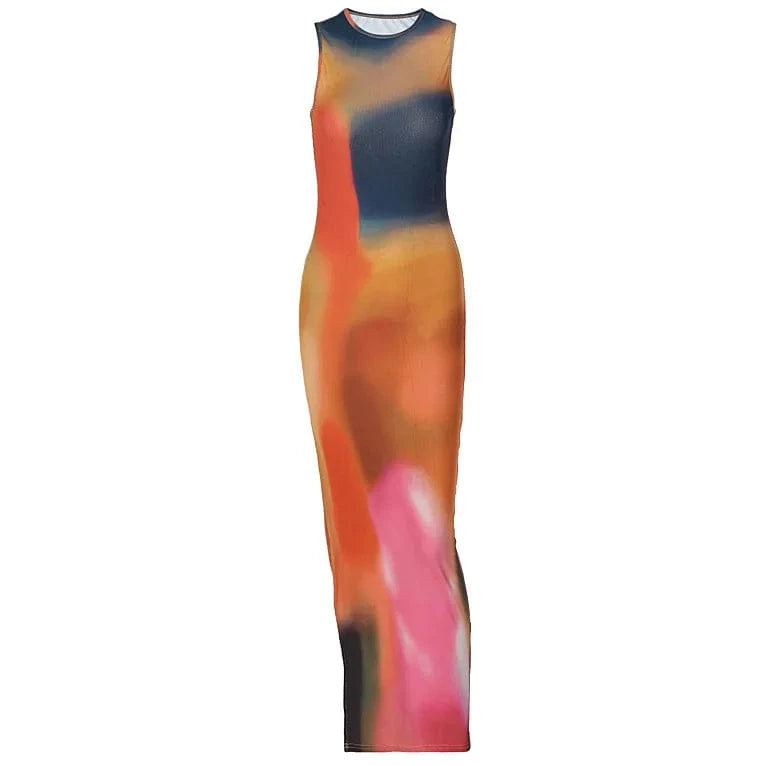 L / Orange Wholesale 2024 summer fashion sleeveless bodycon dress tie dye casual midi slit dresses women