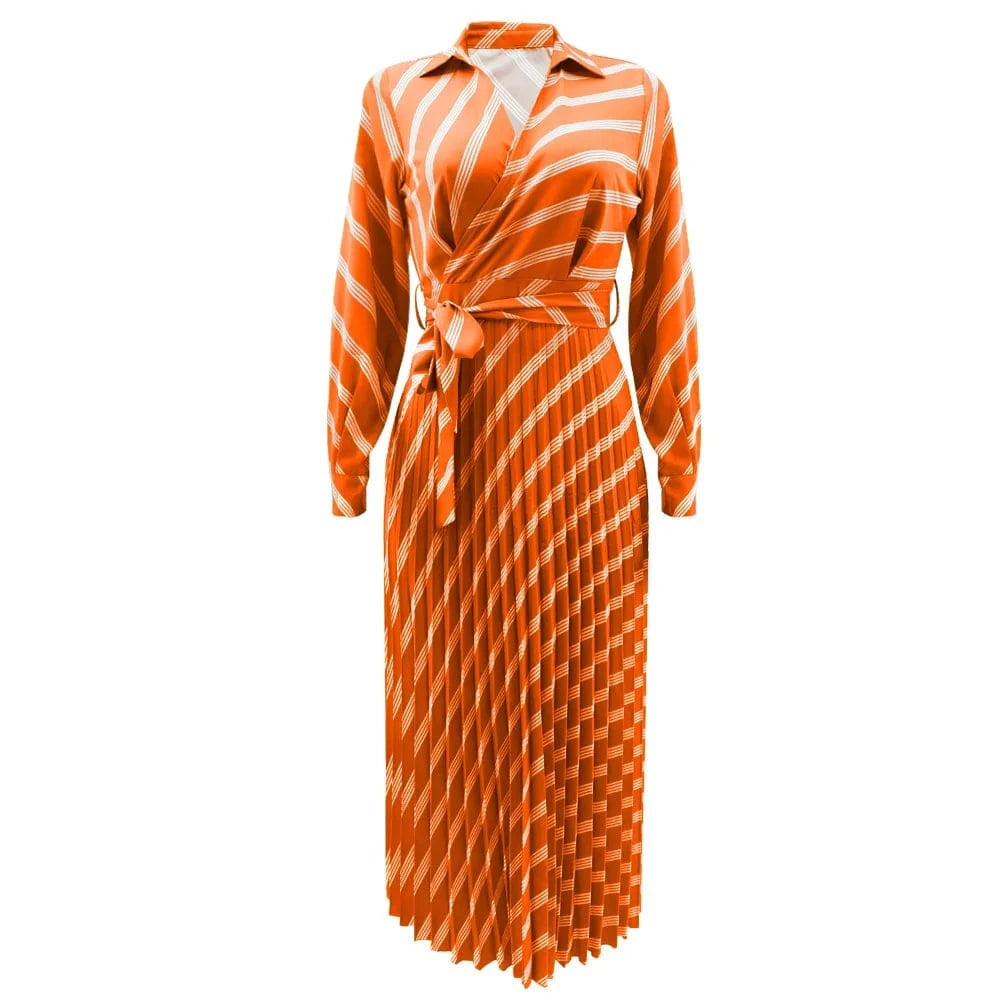 L / Orange ZHEZHE Women Fall Clothes 2024 Fashion Polo Shirt Stripe Printed High Waist Lace Up Pleated Dress Casual Maxi Long Dress Elegant
