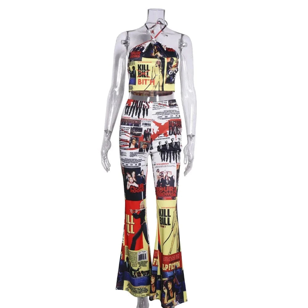 L / Other 2024 Hot Sale Casual Print Top And Pants Fashion Clothing Flare Women Two Piece Pants Set For Ladies