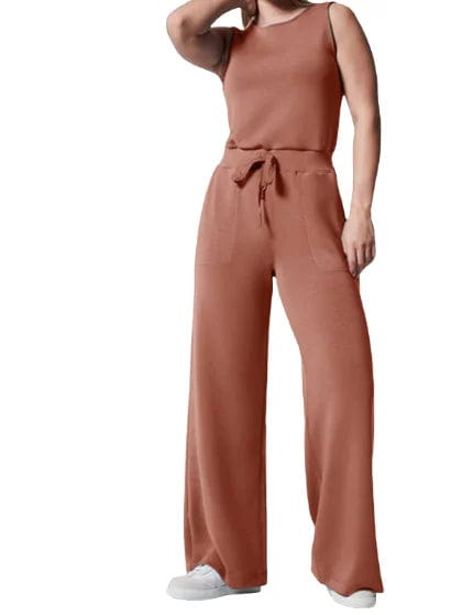 L / Peach Liu Ming Hot Selling Wholesale Women Casual Sleeveless Solid Color Bodysuit Wide Leg Loose Long Pants Bodycon Jumpsuits