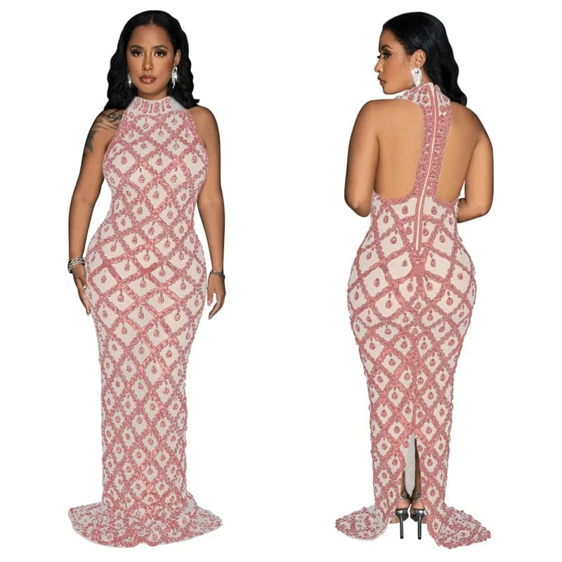 L / Pink 2024 women see through sexy sleeveless elegant vintage mesh party prom maxi floor length sequin evening gown dress with sequin