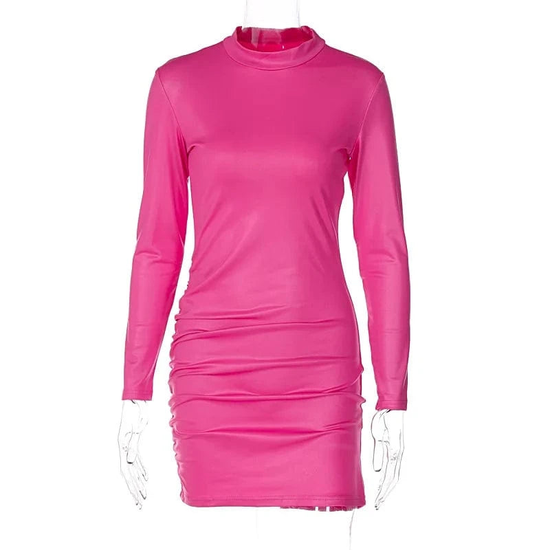 L / Pink Bomblook LCDS45 2024 New Arrivals PU Leather Party Wear Pleated Long Sleeve Bodycon Mini Dress
