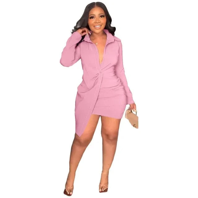 L / Pink Casual Women Dress Shirt Solid Color Turn Down Collar Streetwear Mini Dress Bodycon Dresses For Women Vestidos