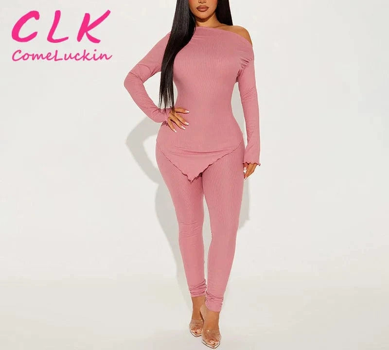 L / Pink Custom Embroidery Logo Rib Knitted Outfits 2024 Loungewear Irregular Top With Leggings 2 Piece Set Women Elegant Clothing