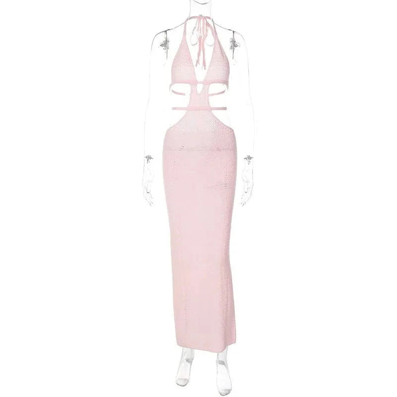 L / Pink Hot Selling Sexy Halter Long Dress V-neck Summer Dress Club Wear for Women 2024