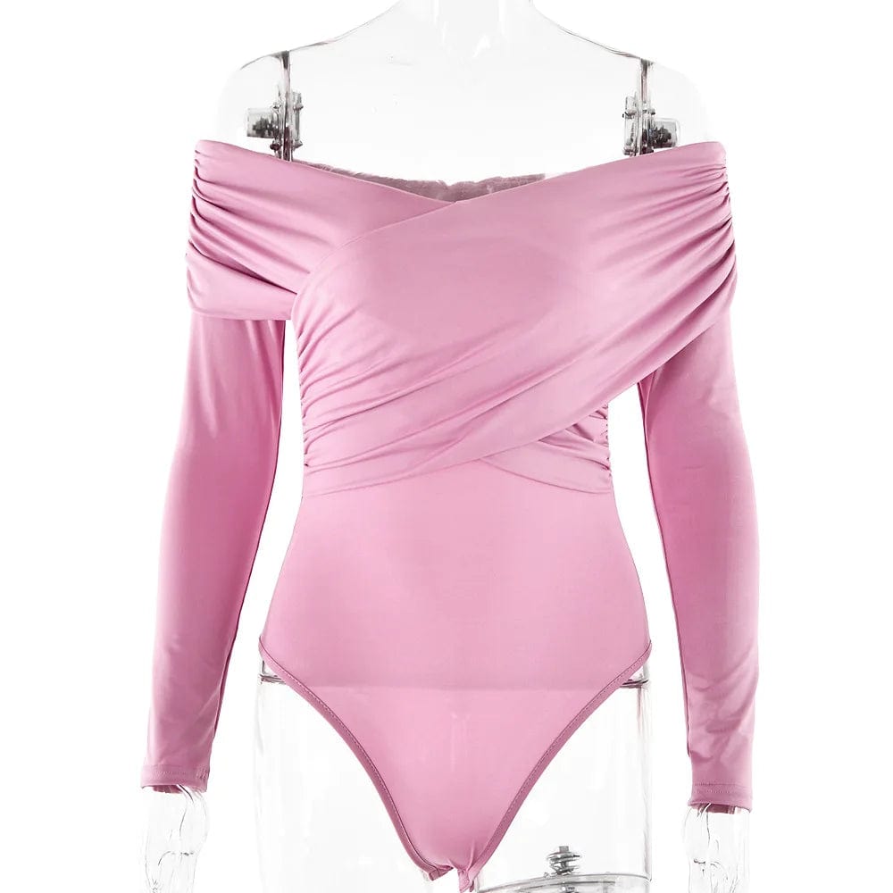 L / Pink one piece long sleeve jumpsuit Collarless bodysuit blouse top for women 2024 spring summer