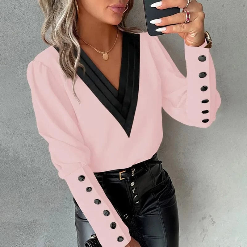 L / Pink RNSHANGER Fashion White Blouse for Women Spring Long Sleeve V Neck Casual Pullover Elegant Office Lady Pink Tops Shirts