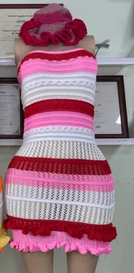 L / Pink with hats 2024 women clothes set Y2k casual dresses tube Top Dress cute lace knitted Striped sleeveless summer dresses