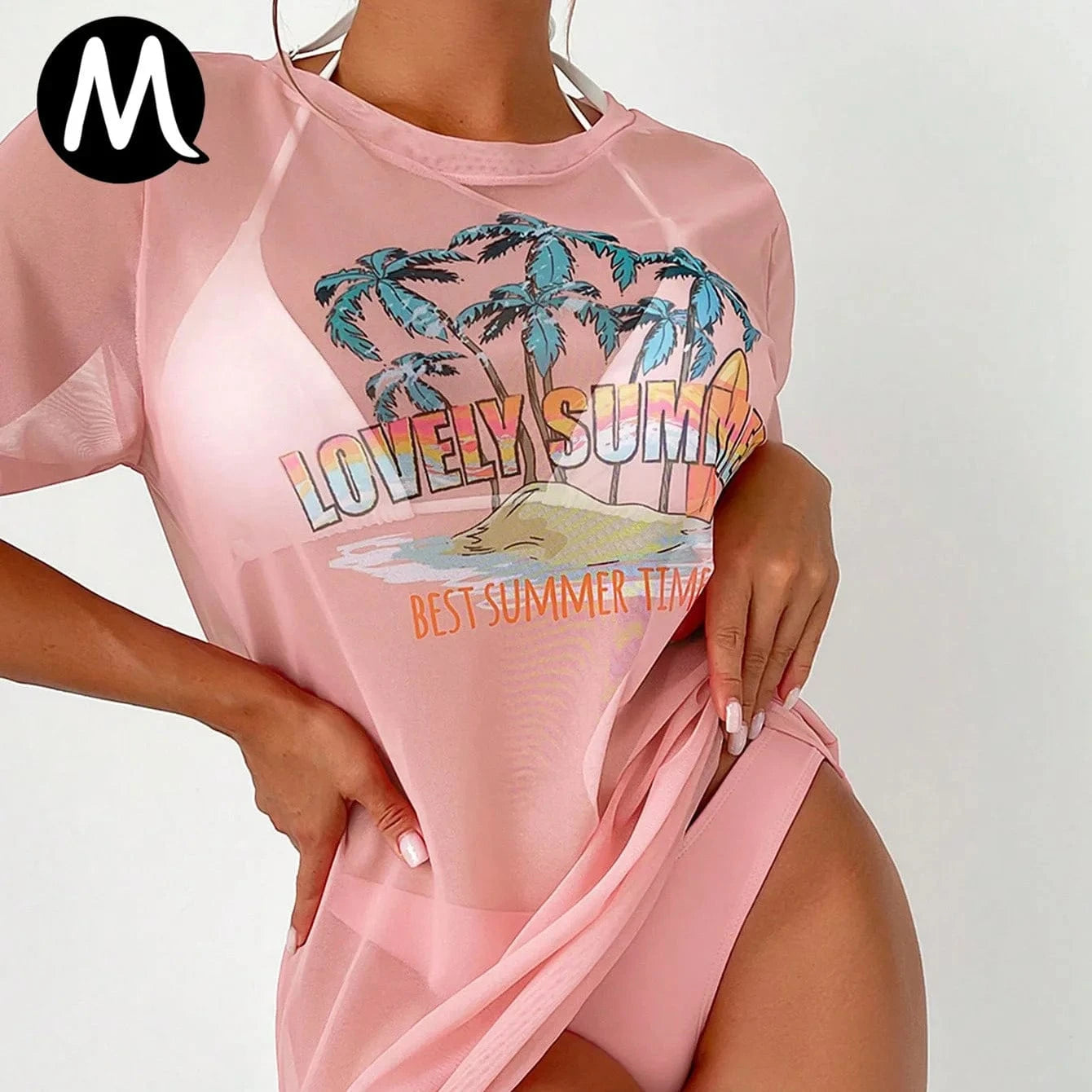 L / Pink Women's Mesh 3 Pieces Plant Print Halter Bikini 2024 Women & Cover Up Swimsuit Female Sexy Palm Swimwear Beachwear Swimming Suit