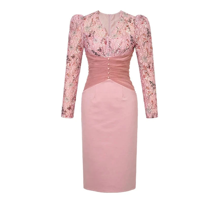 L / Pink ZYHT 2024 Spring 50535 Hot Selling Vietnam Romantic Floral Lace Slim Fit Midi Dress Empire Mesh Spliced Slit Pencil Dress Ladies