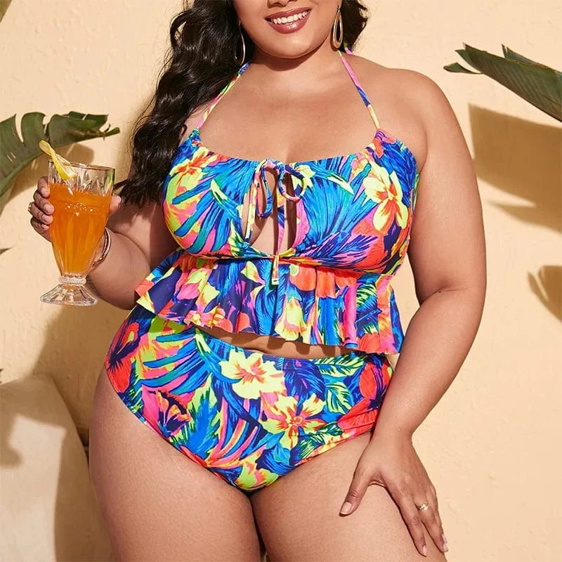 L / Printing Wholesale Large Size Swimwear Floral Print Fat Women Sexy Swimsuit Big Bathing Suit Halter High Waist Plus Size Bikini Set 2023