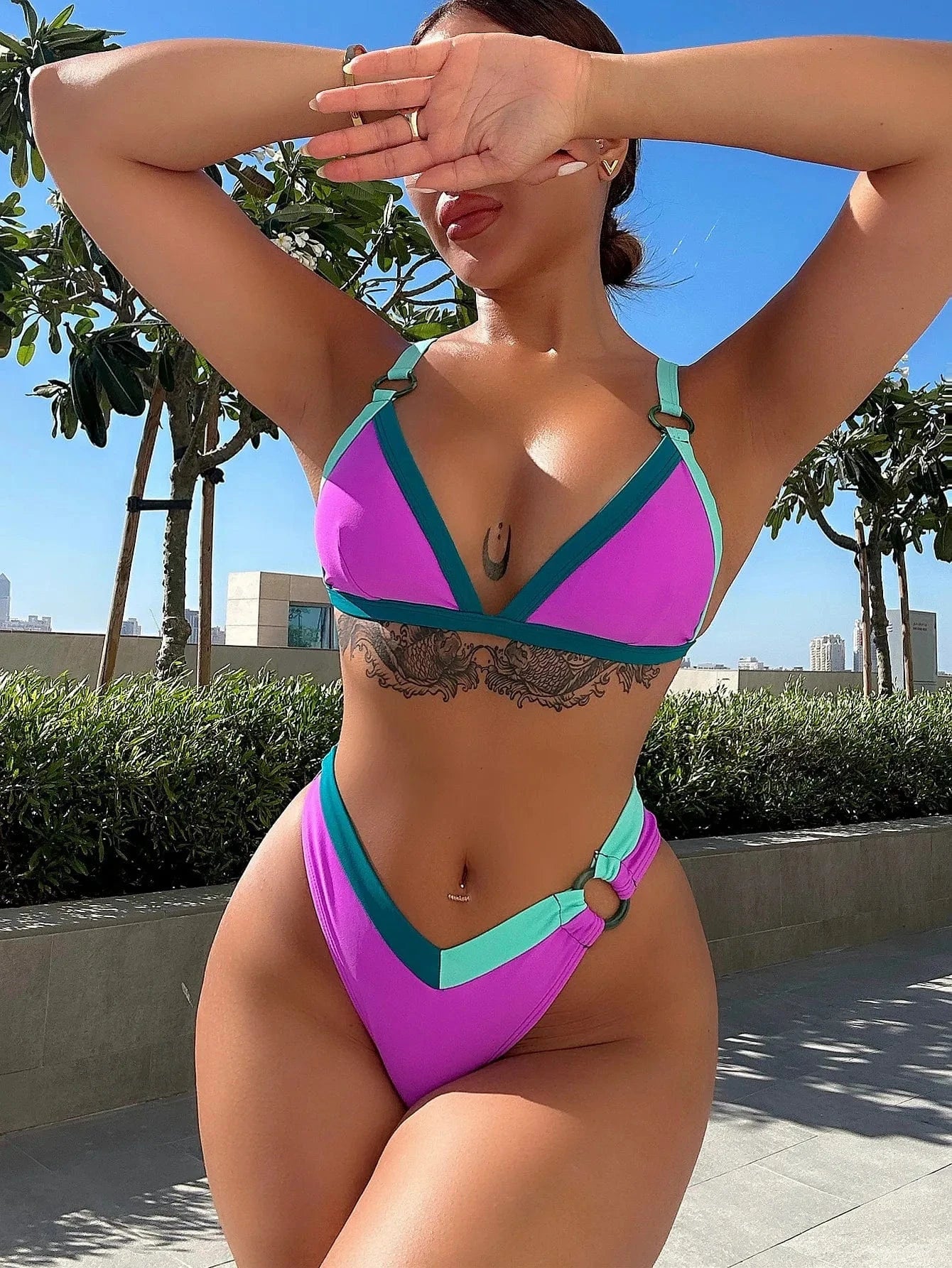 L / Purple 2024 factory designer colorful contrast color two piece high waist bathing suit patchwork bikini set women custom mini swimwear