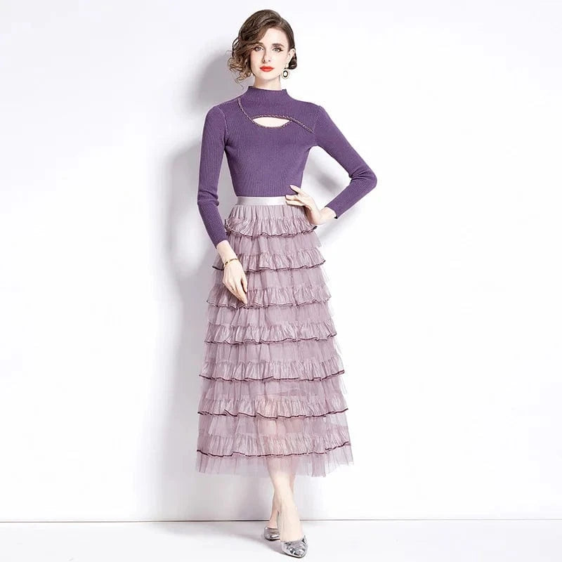 L / Purple Autumn and Winter Women's New Long Sleeve Round Neck Knitted Splice Fashion Cake Slim Fit Dress Two Piece Set Dress AZ9019088