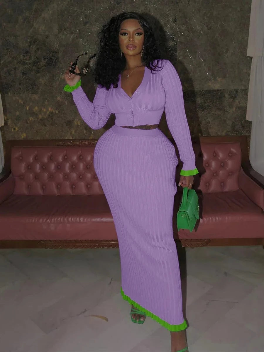 L / Purple Good Quality Autumn Winter New 2024 Women Elegant Streetwear Bodycon Slim Contrast Knitted Long Skirt Set