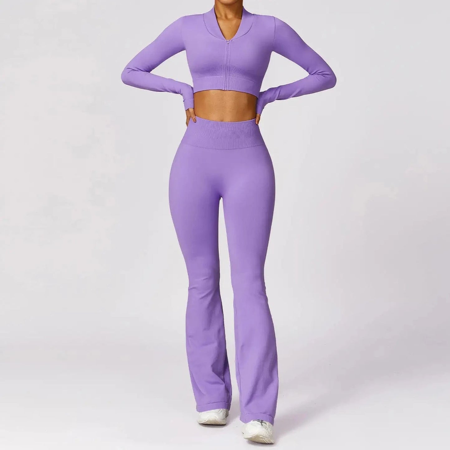 L / Purple Hot selling 2024 new Women Compression Stretchy Seamless Scrunch Back Flare Pants and Jacket Set