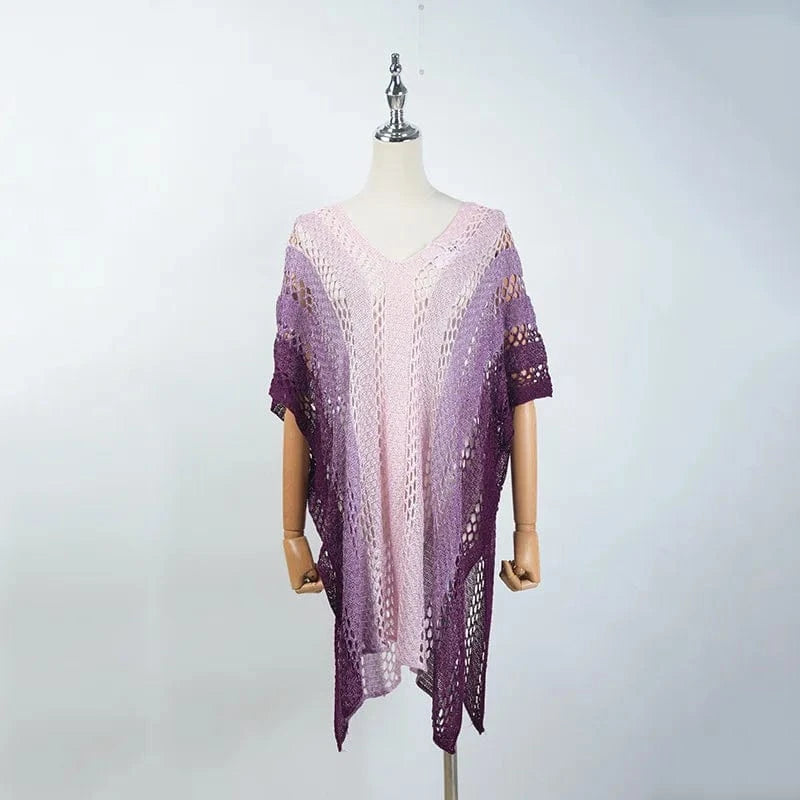 L / Purple Wholesale 2024 Knitting Swimsuit Crochet Bikini Bohemia Style Beach Cover Ups Rainbow Strip Vestido Hole Knitted Bath Exits Wear