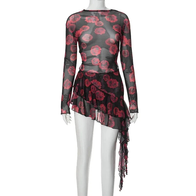 L / Red 2024 Bohemia Crop Tops Summer Floral Print Elegant Party Dresses Women Clothing Dresses 2 pcs set