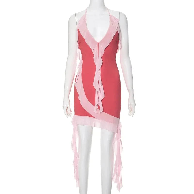 L / Red 2024 New Summer Women Sleeveless Halter Dress Sexy V Neck Mini Dress Fashion Patchwork Ruffles Bodycon Dress