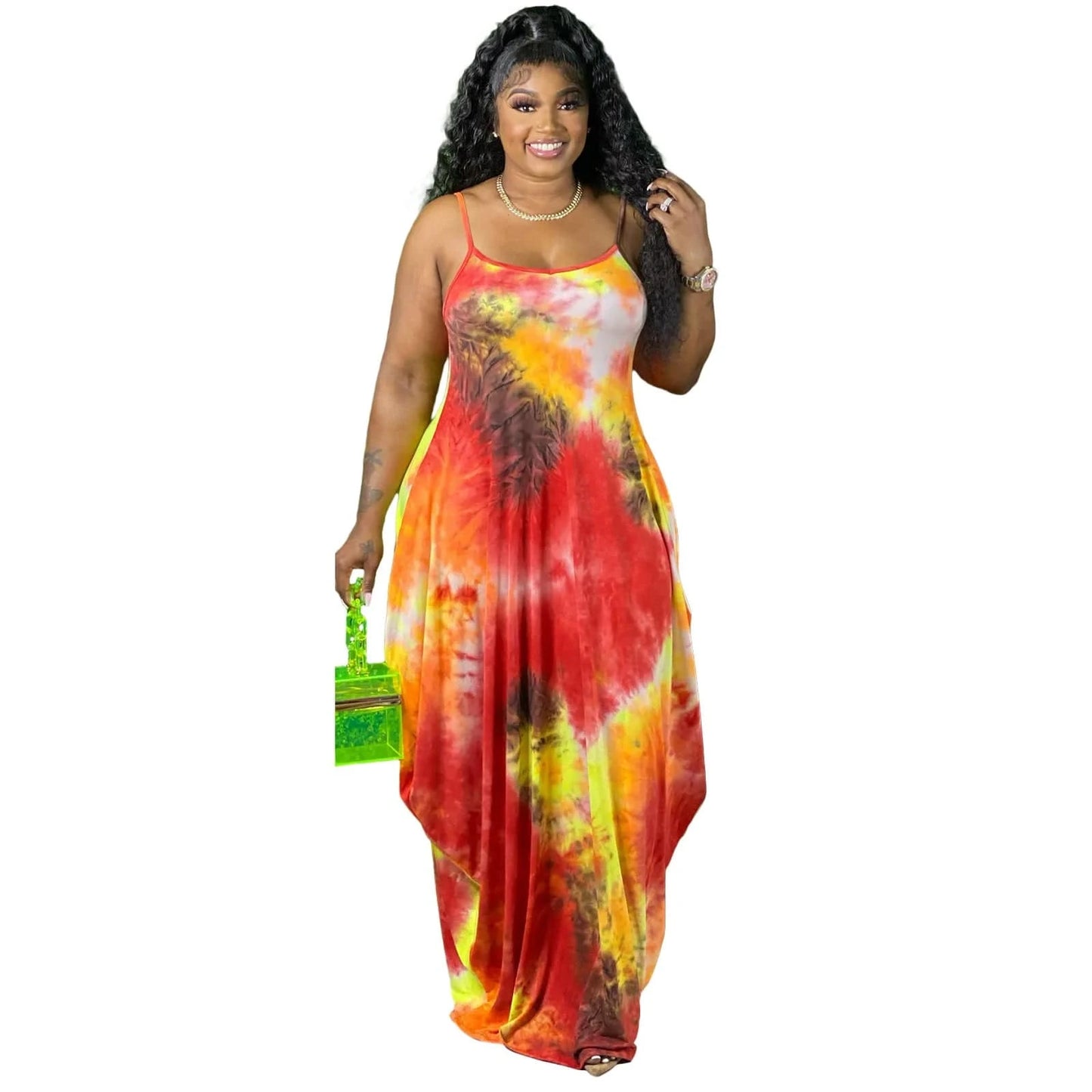 L / Red 2024 Summer Sexy Fashionable Floral Clothes Tie-Dye Multicolored Print Halter Loose Dress Women Maxi Long Dresses