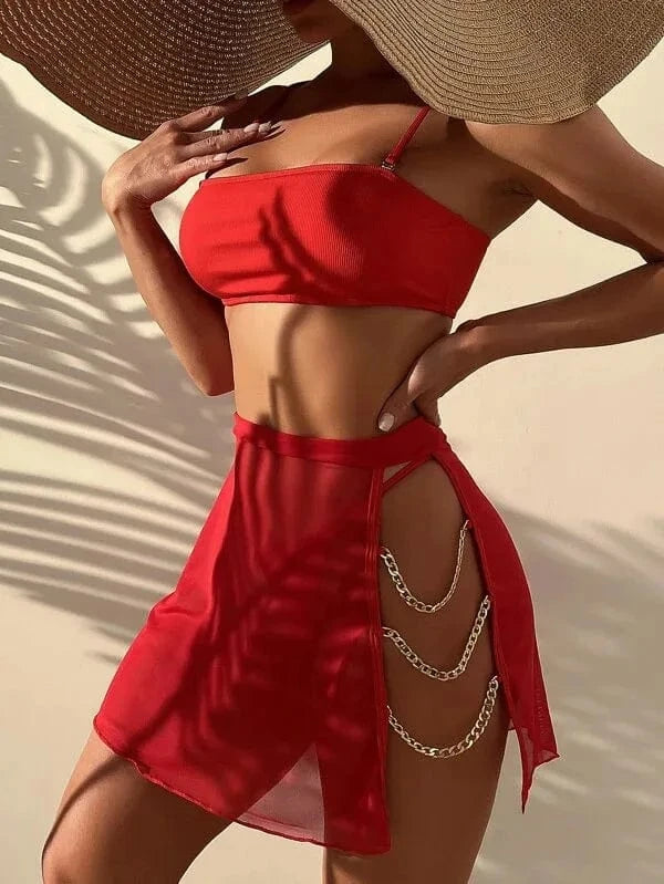 L / Red 3 Piece Bathing Suit for Women Chain Linked Swimwear High Cut Thong Bikini Push Up Swimsuit with Cover Up Skirt 2024 Summer