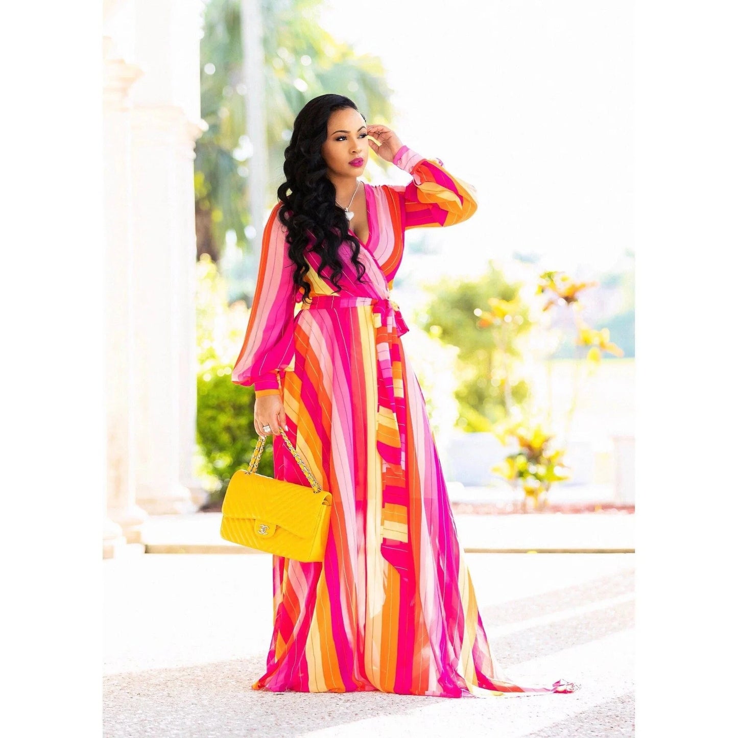 L / Red and yellow stripes Wholesale Bohemia Woman Casual Dress Plus Size African Style V Neck Floral Print Chiffon Maxi Dresses Clothing Women Summer 2022