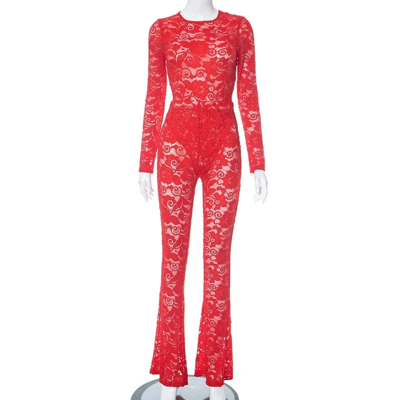 L / Red Bomblook K23ST370 Autumn Sexy Bodysuit Two Piece Flare Pants Set Sets For Women Two Pieces Lace Sweat Suits