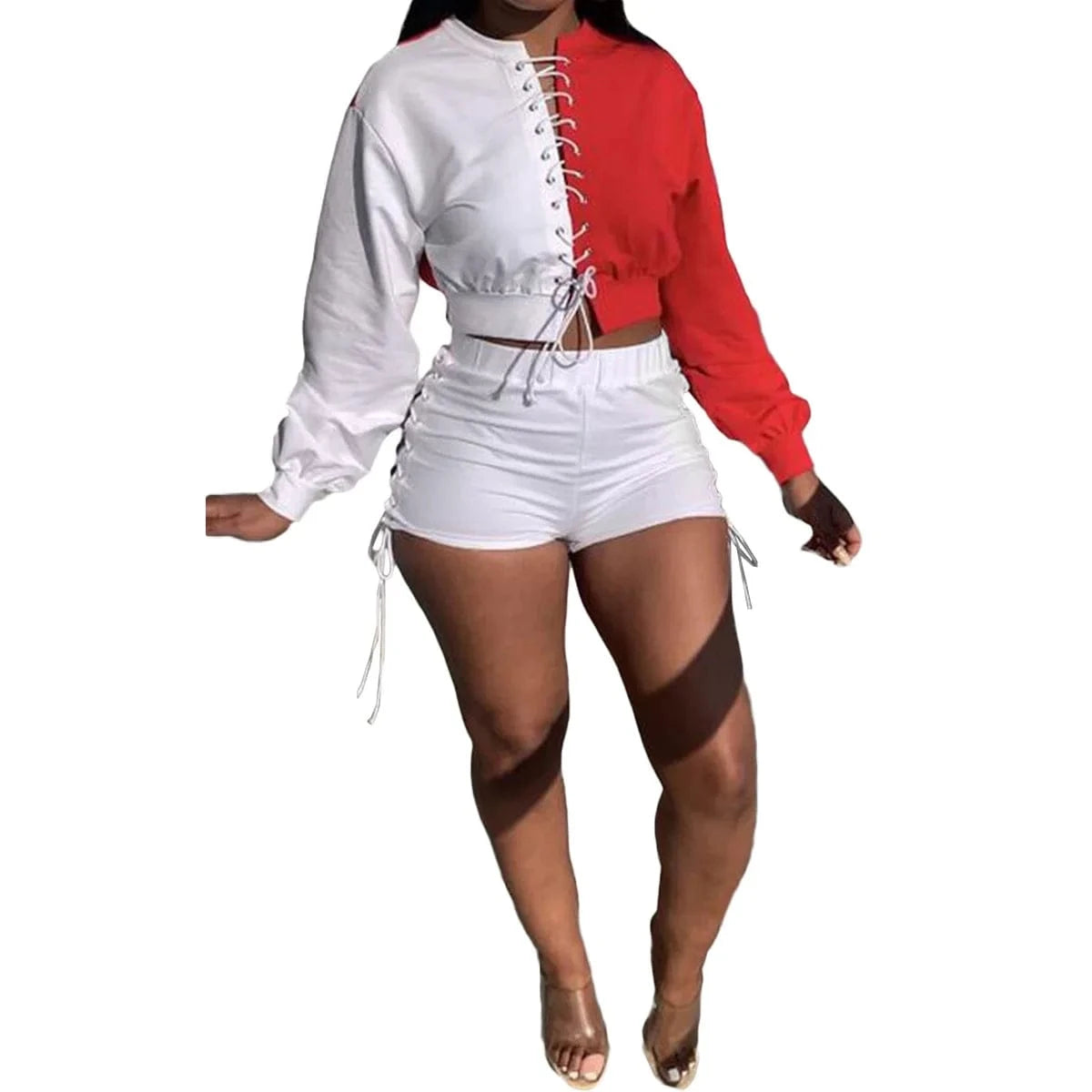 L / Red Fall Clothes for Women Short Pants Two Piece Set Women Shorts Set Loose Colorblock Tracksuit Lace Up Sweat Suit Set