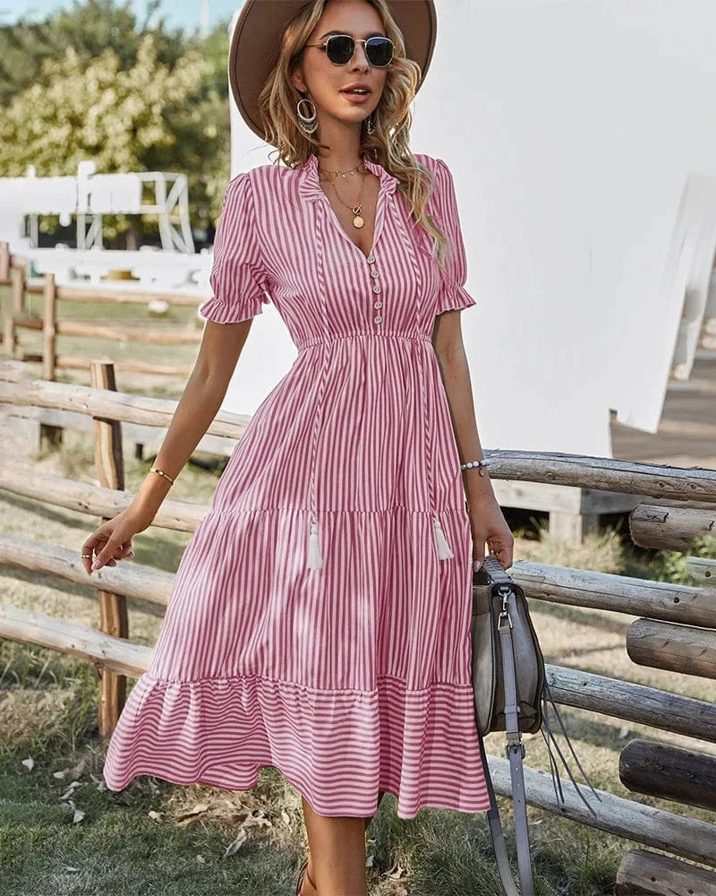 L / Red Hot Sale 2024 summer fashion striped v neck puff sleeve ruffle hem casual midi dress women