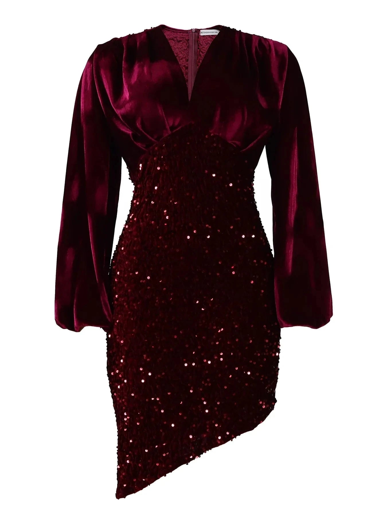 L / Red Latest Design Stylish Chic Evening Dress V-neck Puff Sleeve Elegant Plus Size Women Velvet Sequin Dress 2024