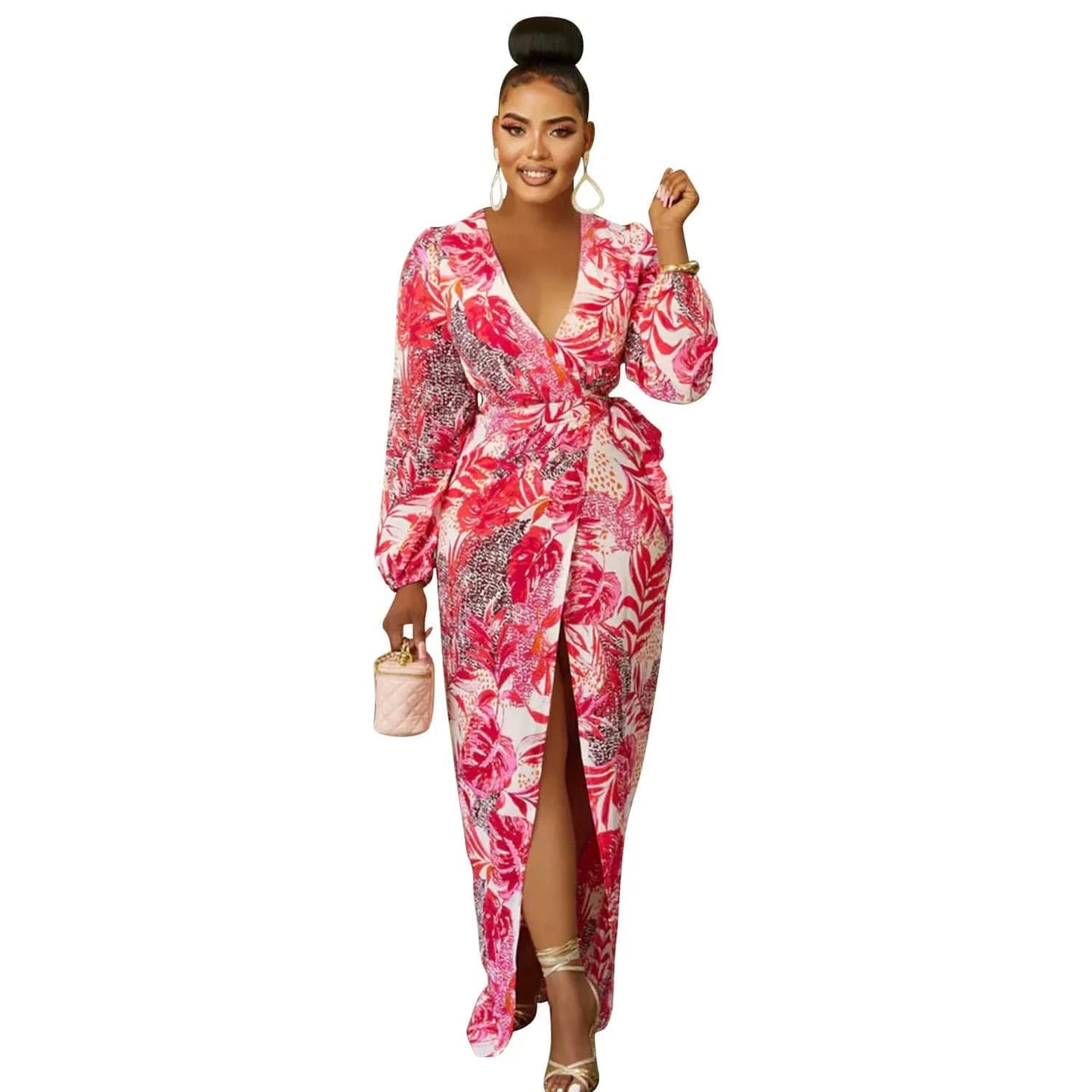 L / Red Liu Ming Autumn Winter 2024 New Fashion Women Clothing V Neck Print Long Sleeve Slit Long Maxi Dress