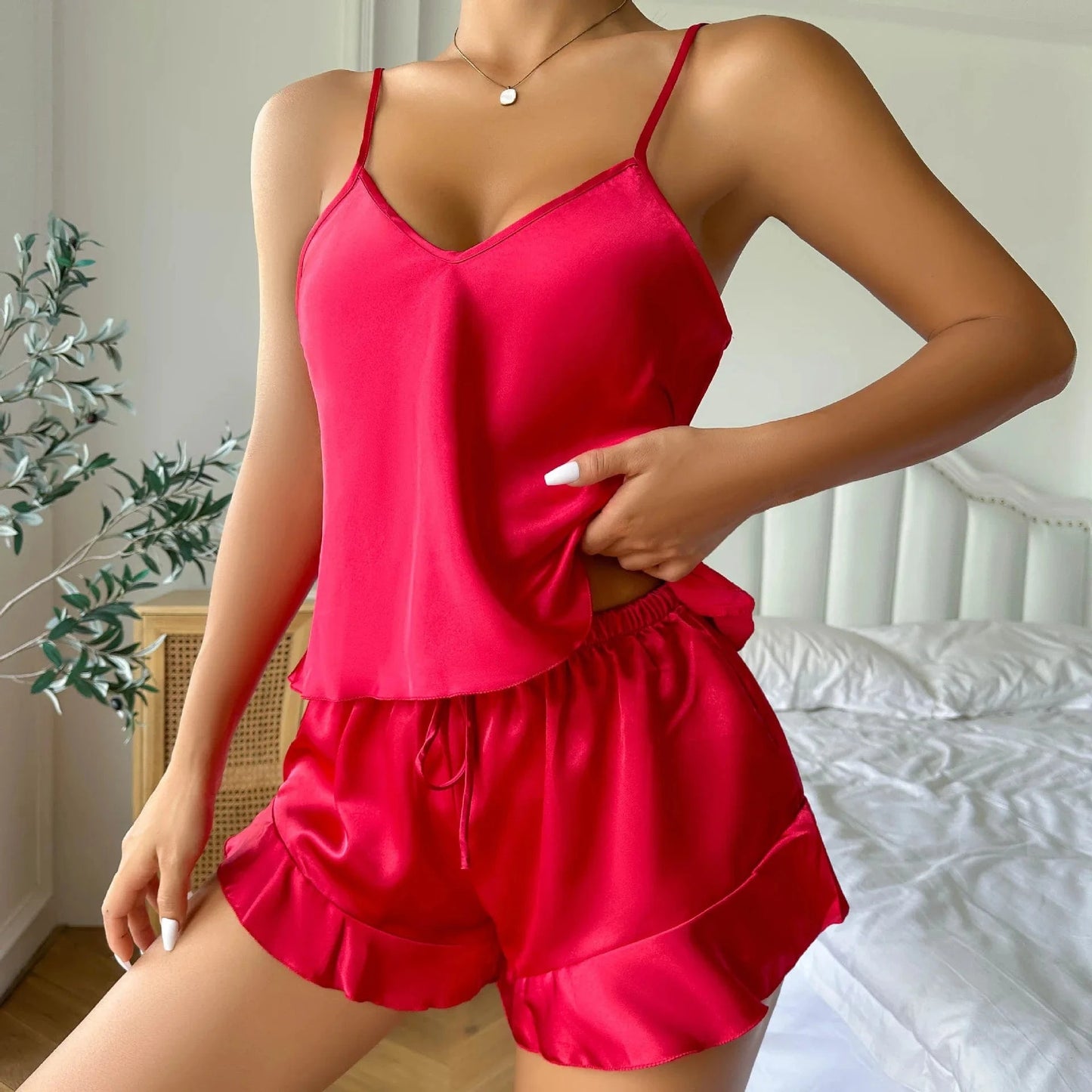 L / Red RedPeony Home Suit Cami Shorts Sleepwear Women's Sexy Silk Satin Ruffled Pajamas Sets