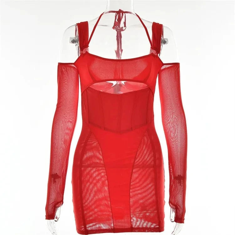 L / Red Sheer Mesh Patchwork Dress Long Sleeve Corset Cut Out Backless Lace Up Short Party Dresses Sexy Club Outfits for Women