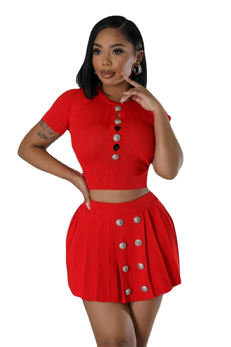 L / Red summer 2024 knit 2 two piece crop top t shirt and pleated mini skirt set women's clothing wholesale streetwear for women 2024