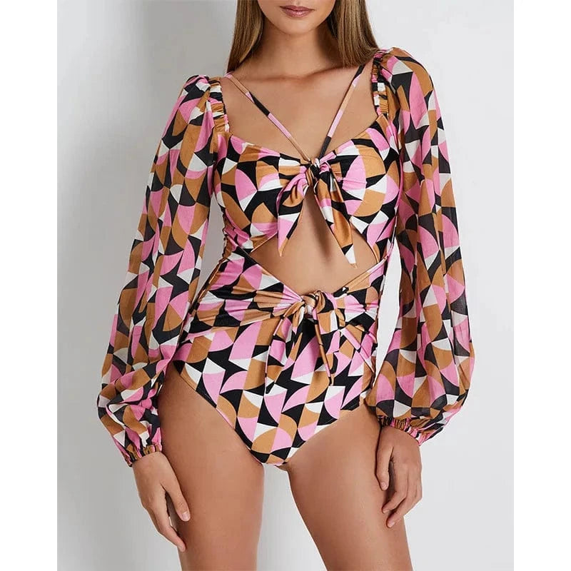 L / Red TW New 2024 Printed Women Swimwear V-Neck Bathing Suit Beachwear Hollow Out Swimsuit One Pieces Long Sleeve Swimming Wear