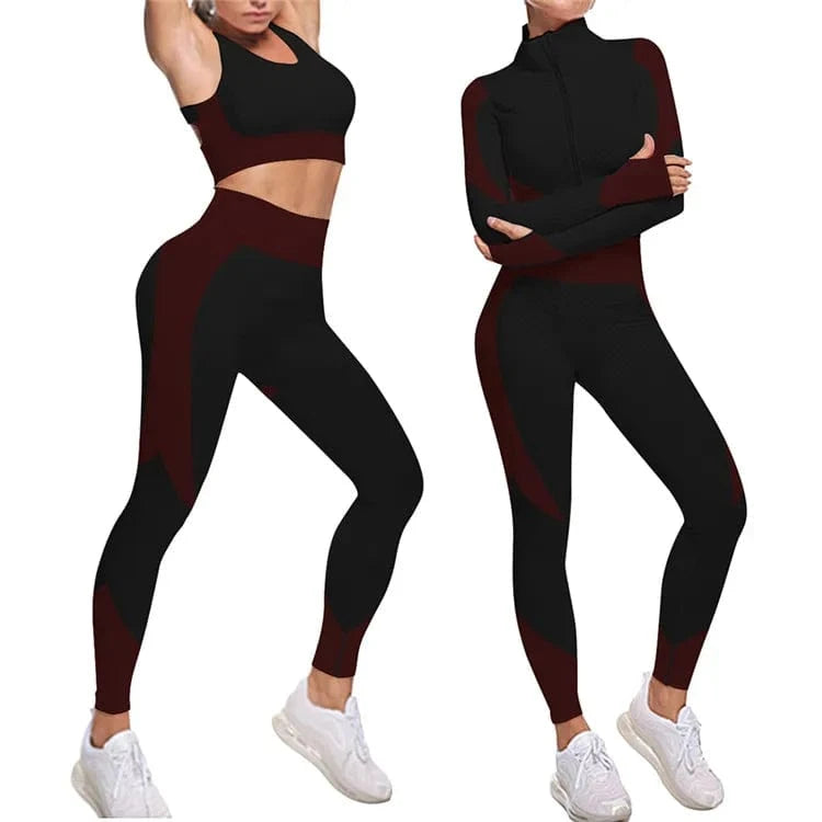 L / Red Wholesale Plus Size Gym Clothes Seamless Yoga Suit Workout 3 Piece Exercise Active Wear Long Sleeve Yoga Sets Fitness Women