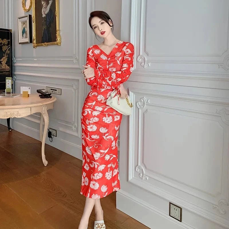 L / Red ZY.HT 5309 2024 Spring Retro V-Neck Red Print Long Sleeved Slim Slimming Stretch Mesh Two Piece Casual Skirt Set
