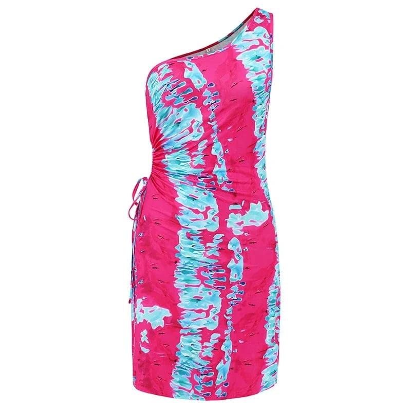 L / Rose Madder Europe and America Sexy Bodycon Mini Dress Women Hollow Out Drawstring Tie Dye Off Shoulder Short Dresses Summer Clothing
